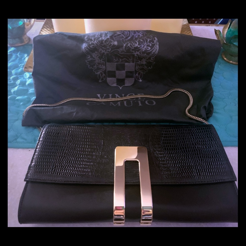 Vince Camuto black clutch w/ gold buckle